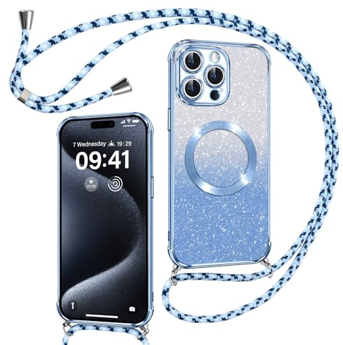 Phoona Couqe Magnétique pour iPhone 15 Pro Max avec Cordon, Bleu | Compatible avec MagSafe, Brillant Glitter Pailleté Antichoc Durable Résistante Etui Housse Anti-Poussière Soft TPU Bumper