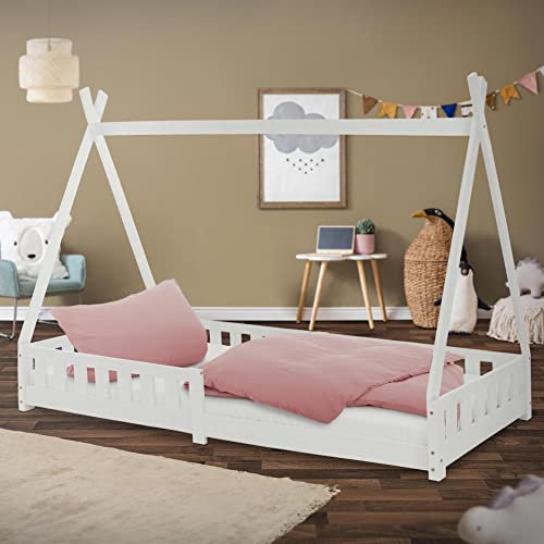 ML-Design Kinderbett Tipi 90x200 cm Weiß mit Rausfallschutz und Lattenrost, aus Kiefernholz, Indianer Bett für Mädchen & Jungen, Hausbett mit Zaun, Bodenbett Kinderhaus Jugendbett Spielbett Zelt