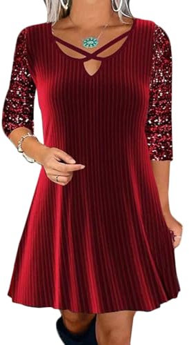 Tomwell Weihnachtskleid Damen Weihnachten Rot Weinglas Druck Minikleid Partykleid Lose Rundhals Langarm Kleider Herbst Winter Christmas Festkleid D Rot XL