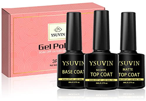 YSUVIN No Wipe Top Coat, Base Coat und Matte Top Coat, 3 * 8ML Unterlack & Überlack & Matt Überlack Nagellack Tränken Sie das UV Gel Nagellack Set, Langlebig, Hochglanz-Finish