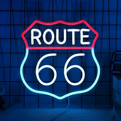 CoolGift Mart Route 66 - Insegna al neon con luce LED, alimentata tramite USB, per camera da letto, soggiorno, sala giochi, grotta, casa, feste, regalo di compleanno per familiari, amici e bambini
