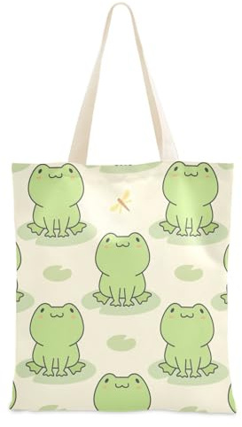 FRODOTGV Tragetasche mit Taschen, niedliches Frosch-Muster, grüne Leinentasche, niedliche Geschenke, Stoff-Einkaufstasche, Leinen-Tragetasche für Damen, einfarbige Tragetasche, Süßes Frosch-Muster,