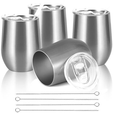 Joymaking Reusable Coffee Cup, Double Walled -Insulated Travel Mug Vacuum Stainless Steel Wine Tumbler with Spill Proof Lid, Great for Hot Cold Drinks Coffee Wine, 4 Piece Set 12 Oz Silver