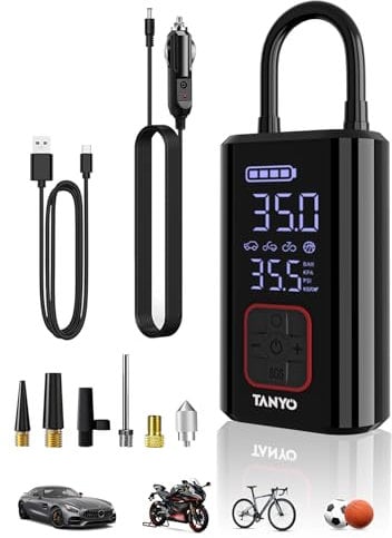TANYO Inflador Ruedas Coche, Mini Compresor Aire Portatil 150PSI, Inflador Electrico 12V con Manómetro Digital y Linterna LED, Hinchador Ruedas Coche para Coche, Motos, Bicicleta y Pelotas
