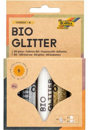 folia 57811 - Bio Glitter Mix STARDUST M, 5 Tuben à 7g, organischer Glitzer in 3 verschiedenen Farben, zum Verzieren und Dekorieren