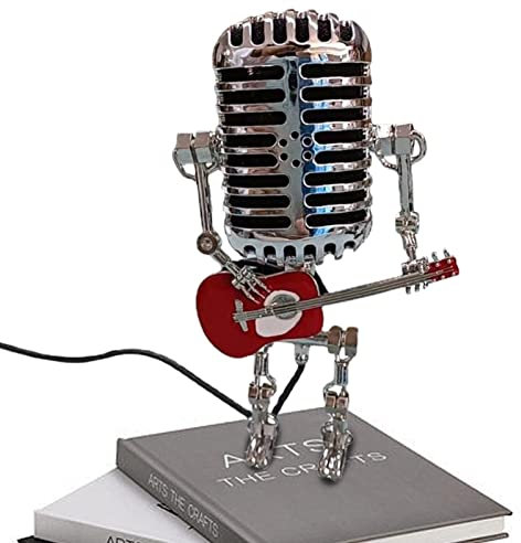 Jomewory Microphone Lamp | Metal Microphone Robot Nightstand Desk Lamp with Guitar | Retro Style Household Ornaments for Bedroom, Bar, Restaurant, Desktop