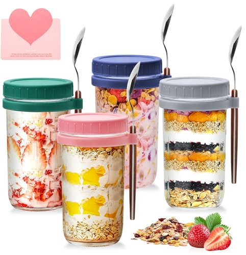 UCAMP 600ml Glas Müslibecher to go mit Deckel und Löffel,4er Set joghurtbecher to go,Einmachgläser Overnight Oats Gläser,Kann zum Servieren von Haferflocken,Joghurt,Salaten,Maiskörnern