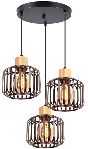 iDEGU 3-flammig Pendelleuchte Retro Vintage Hängelampe aus Holz Metall Industrie Lampe Käfig Lampenschirm E27 Deckenleuchte Moderne Hängeleuchte für Wohnzimmer Küche Esszimmer Cafe (Rondell, Schwarz)