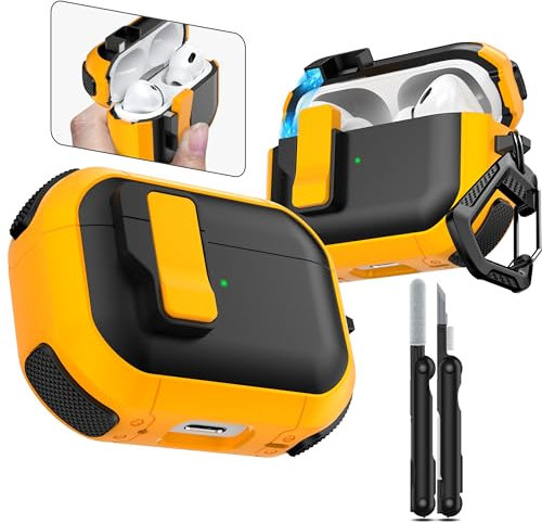 RFUNGUANGO Starship-Serie Kompatibel mit AirPods Pro 2 Hülle,automatischer Pop-up-Hülle, Ganzkörper-Hartschale Kompatibel mit AirPods Pro Hülle (2023/2022/2019),Gelb