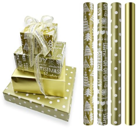 4 rouleaux de papier cadeau doré, 43 cm x 3 mètres, convient pour Noël, anniversaire, fête, mariage, baby shower, décorations de cadeaux de festival