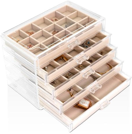Sasha Morel Jewellery Box - Clear Acrylic Women's Jewellery Organiser - 5 Drawers, Velvet Earring Holder, Organiser Box for Accessories - Stackable, Stylish & Sturdy Design - Gift for Mum - Cream