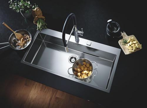 GROHE Kitchen Set of Essence Tap & K800 Kitchen Sink – (Stainless Steel 1 Bowl 968x400x200 mm Thickness 1 mm Full Size 1024x510 mm, Chrome Professional Kitchen Tap Size 530 mm Tails 3/8 Inch)
