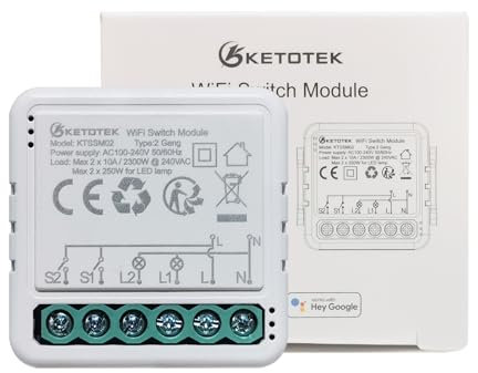 KETOTEK Interruptor Inteligente WiFi 10A 2 Canales Compatible con Alexa/Google Assistant, Modulo Interruptor Luz WiFi 2 Gang 1 Vía/2 Vías 220V Smart Life/Tuya App Controllo, Cable Neutro Requerido