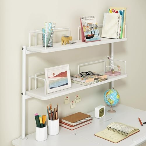 2 Tier Desktop Bookshelf Organizer for Office Accessories Multi functional Clamp On Desktop Shelf (White 60cm/24in)