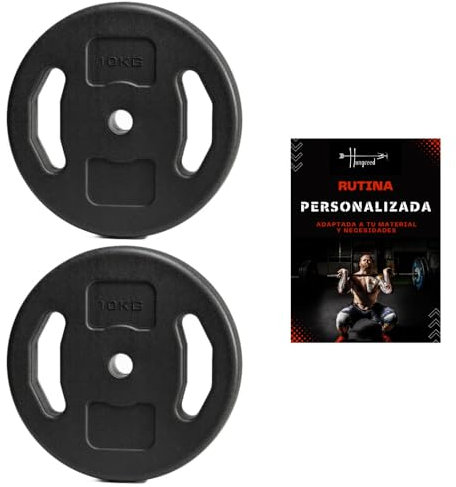 Discos pesas, pesas, 30mm, 2,5kg - 5kg - 10kg, ejercicios gimnasio en casa, barra gimnasio, mancuerna, rutina entrenamiento, guia entrenamiento personalizada (2 X 10 KG)
