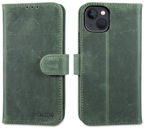 LENSUN Lederhülle für iPhone 13, Echtleder Handyhülle [Wallet Fach][RFID Schutz][Echtes Leder] Hülle Handytasche Flip Cover Kompatibel mit iPhone 13 - Retro Grün