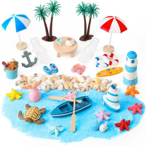 Camptrip 33 unidades de micropaisajes de playa en miniatura, decoración de playa, minitumbona, silla de playa, sombrilla, pequeña palmera, animales marinos, decoración para bricolaje, jardín
