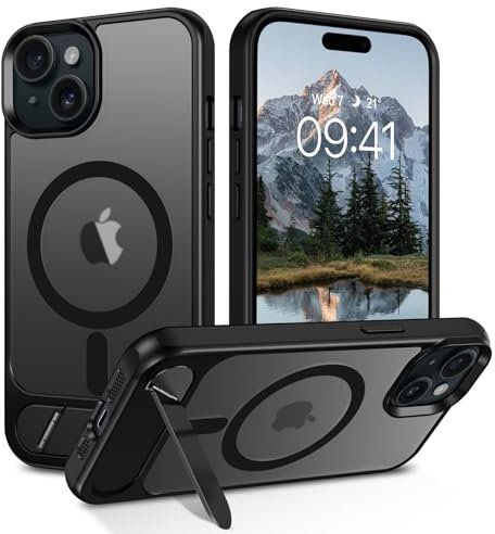 DOMAVER Hülle für iPhone 15 Plus/iPhone 14 Plus(6,7)-Magnetisch Integrierter unsichtbarer Ständer | Militärischer Fallschutz | Transparente Matt-Oberfläche | Kompatibel mit Mag-Safe Zubehör，Schwarz