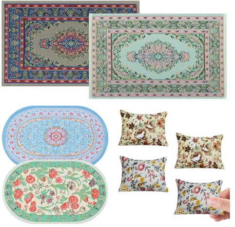 Bieiyhe 8 Stück Puppenhaus Teppich 1:12, Mini Teppich Wichtel mit 4 Kopfkissen, Schlafzimmer Puppenhaus Zubehör Dollhouse, Miniatur Zubehör Puppenhaus Möbel, Miniatur Retro Türkei Teppich für Zuhause