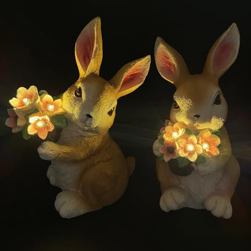 Gartenfiguren - 2 süße Deko Hasen mit LED beleuchteten Blumen für draußen - wetterfest - 22 cm groß - Figuren mit Batteriebetrieb inkl. 6-Stunden Timer