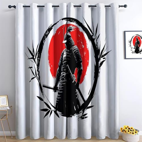 Rideaux Occultants Chambre 150L X 166H cm, Soleil Rouge Samouraï Japonais Rétro Panneaux Thermiques Isolants, Rideaux Lavables Blanc, pour de Chambre d'enfant et du Salon DéCorer