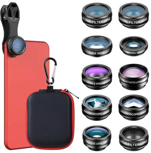 Auricase 10-in-1 Universal Handy Kamera objektiv, Handy objektiv Set, makro objektiv Handy, 2X Teleobjektiv, 15X Makro Objektiv Handy, 0.63x Wide, 198° Fisheye Lens, für die meisten Smartphones