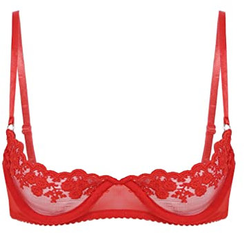 YiZYiF Women's 1/4 Cup Lace Bra Hollow Out Harness Bralette No Padded Underwire Push Up Balconette Red 4XL