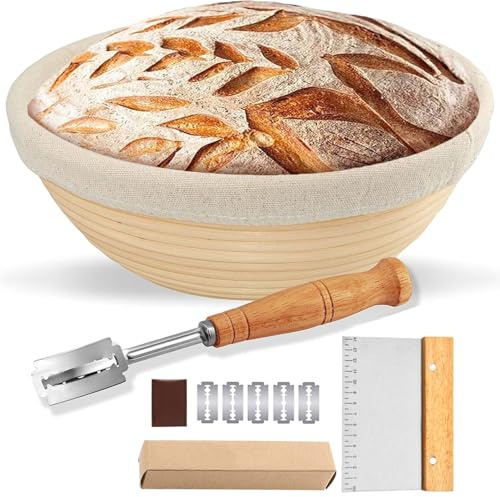 Sourdough Starter Kit Bread Proofing Basket, Round Banneton with Liner and Bread Making Tools Handmade from Quality Natural Indonesian Rattan Bread Making Accessories