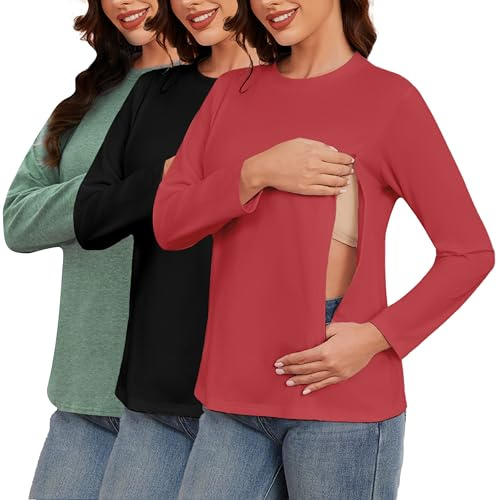 Love2Mi 3er Pack Damen Langarm Stillshirt mit Reißverschluss Umstandsmode zum Stillen T-Shirts fur Schwangere