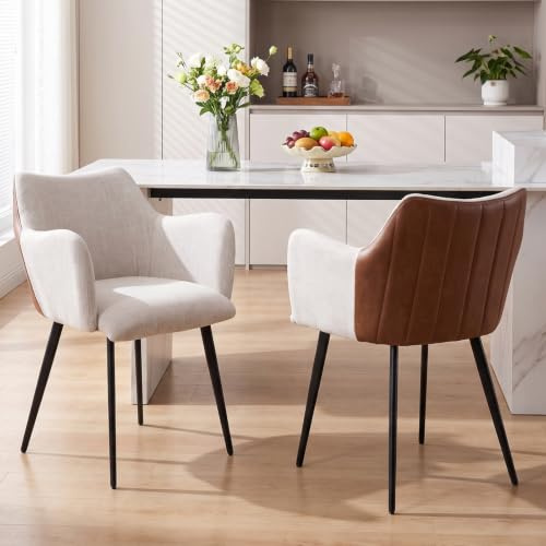 Ya-Home Esszimmerstühle 2er Set, Küchenstühle mit Rückenlehnen aus Leinen und PU-Leder Armlehnstuhl Metallbeine für Küche, Esszimmer, Schlafzimmer, Beige