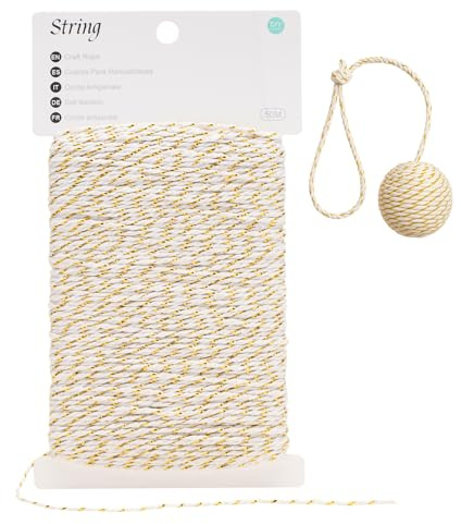 G2PLUS Corda di Cotone Bianco con Filo Dorato: Cordoncino Natalizio,2mm di Spago per Imballaggio Regali e Artigianato e Decorazioni Natalizie,50M
