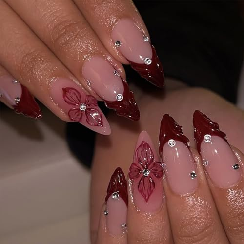 Calkkrer Rote Französische Press On Nails Mittel, Mandelförmig Mit 3D Blumen, Full Cover Fake Nägel Zum Aufkleben, Künstliche Nägel, Glänzende Nail Art