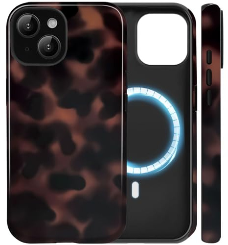 Amzfield Magnetic Case for iPhone 15, for MagSafe Tortoise Shell, Brown | Compatible with MagSafe Tortoise Shell Leopard Amber Dual Layer Shockproof Cute for Girl Women Drop Protection Artistic Girly
