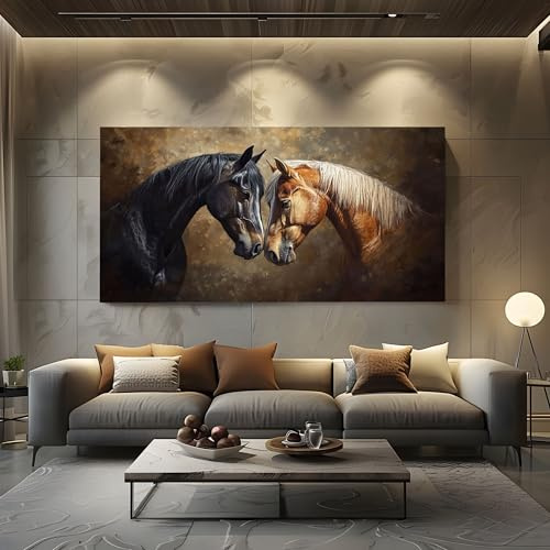 ZORYAN Kunstdruck Malerei Pferd Leinwandbilder Modern für Wohnzimmer & | SchlafzimmerRustikal Tier Große Bilder Deko Ölgemälde Paar Wandbild als Wanddekoration 70x140 cm