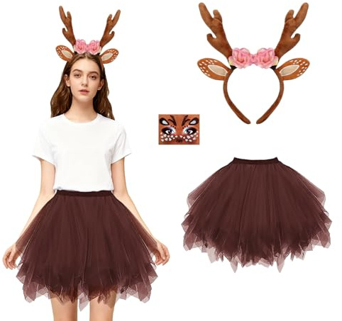 WVWMYM Reh Kostüm Damen, Faschingskostüme Damen Rehkostüm Tüllrock Braun mit Reh Haarreif Gesichtsaufkleber Rentier Kostüm Erwachsene für Frauen Karneval Fasching Cosplay Mottoparty