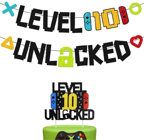 Raheem 10 Jahre Videospiel Tortendeko 1pcs Kuchen Topper + 1pcs Geburtstagsflagge Level 10 Unlocked Happy Birthday Cake Topper für Jungen & Mädchen, Gaming Thema,Cupcake Topper, Kinderparty, Minecraft