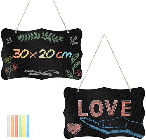 Lunhoo Lot de 2 tableaux noirs en bois double face à suspendre avec ficelle et craies de couleur pour mémos, panneaux de bienvenue, décoration de magasin, 30 x 20 cm