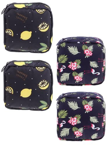 Aufbewahrungsbeutel für Damenbinden 4 Stück-pack aus Canvas und Twill | Hübsches Cartoon Muster, Diskreter Begleiter für Schule und Unterwegs, Kleine Größe, Navy