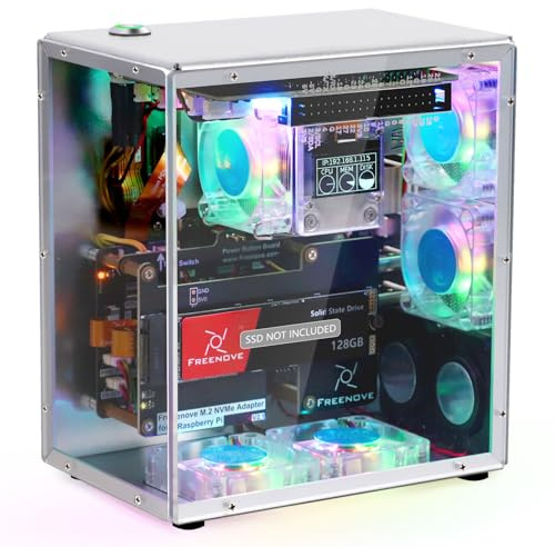Freenove Raspberry Pi 5 PC Case Kit, M.2 NVMe SSD Slot, 5 PWM ARGB Fans Light Sync, CPU Tower Cooler, 0.96 OLED Screen, Stereo Speakers, 3.5 mm Audio (SSD Not Included)