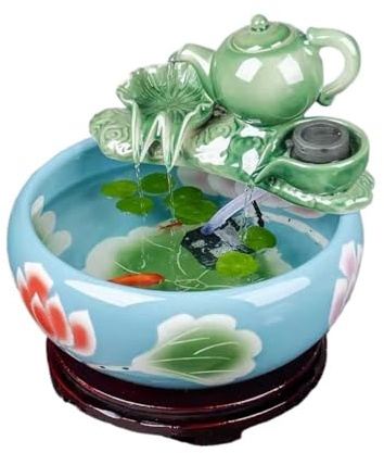 Aquarium Aquarium Rond en céramique décoratif for Salon ou Bureau, avec Pompe à Eau et théière.(Blue,24cm)