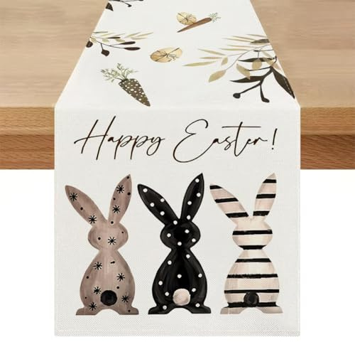 Tischläufer Ostern Modern Frühling 33 x 183 DREI Häschen Weiß Tischdecke Waschbar Saisonnal Läufer Tisch Ostern Küche Esstisch Dekoration für Esszimmer Schlafzimmer Party Deko