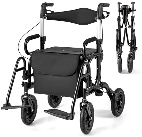GOPLUS 2 in 1 Rollator, leichter Aluminium Rollstuhl, Gehhilfe mit 6-fach Höhenverstellbar, Gehwagen mit Tasche, Stockhalter für All Gelände, faltbarer Reiserollator für Senioren, Behinderte (Schwarz)