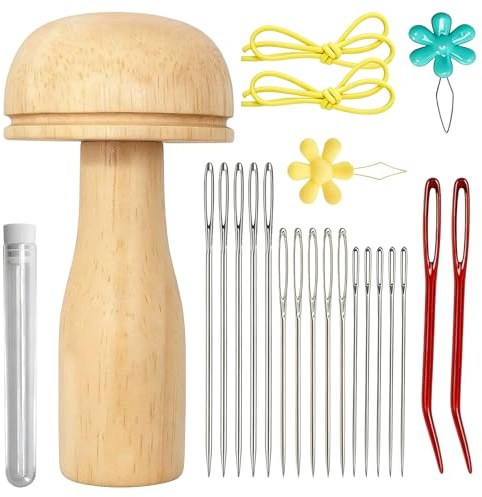Kit per Rammendare Funghi in Legno con 17 Aghi Da Cucito per Cucire Fili, Calzini, Maglioni, Pantaloni, Cappelli, Sciarpe