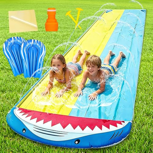 HIULLEN Wasserrutsche Garten, 15.8ft/480cm Doppelrutsche mit Eingebautem Sprinkler, Sommer-Rutsch-Wasserrutschen, Rasen Wasserrutsche Rutschmatte mit 2 Bodyboards für Kinder Erwachsene Outdoor
