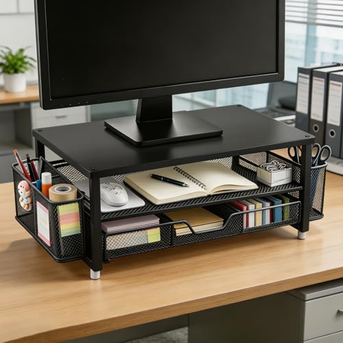 Rialzo per monitor, supporto ergonomico per monitor con cassetto e 2 portapenne, organizer da scrivania per schermo laptop, supporto da scrivania come accessorio da ufficio per postazione di lavoro e