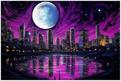 Wallario Küchenrückwand selbstklebend 90 x 60 cm, Motiv: Mond über der Stadt | Spritzschutz abwischbar & pflegeleicht