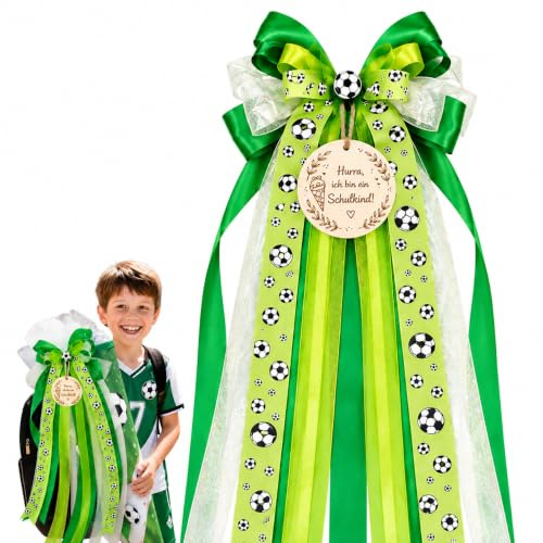 COUOCRE Schleife Schultüte Fußball 60 cm – Schultüte Schleife Grün Zuckertüten Schleife mit Holzschild, Einschulung Jungen Deko Schulanfang Geschenk