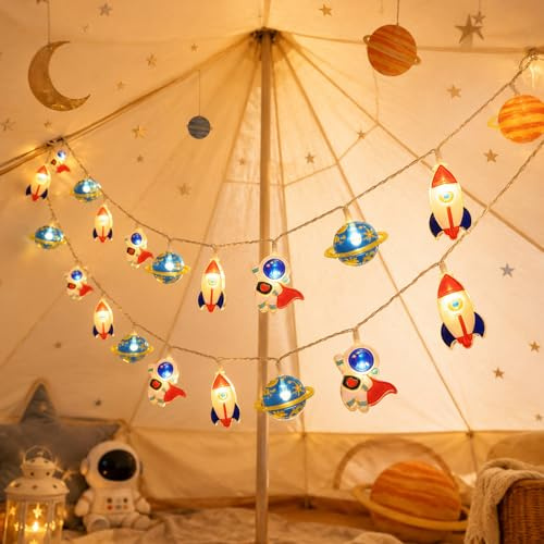 ZingBox Lichterkette Kinderzimmer Junge, 1,5m 10LED Batterie, Astronaut Rakete Planeten Lichterkette für Kinderzimmer Deko, Innen Kinder Schlafzimmer Bettvorhang Junge Mädchen Geburtstag Party
