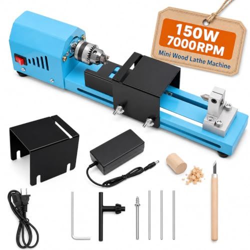Mini tornio per legno 150 W - Supporto per tornitura, taglio, levigatura, lucidatura, trapano per legno da 7000 giri/min, utensile rotante per lavorazione del legno fai da te, lavori manuali