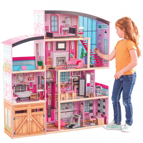 KidKraft Casa de muñecas de Madera Shimmer Mansion con Muebles y Accesorios, Casita de Juguete con Gato, Ascensor y Piscina para muñecas de 30 cm, Juguetes niños y niñas Desde 3 años (65949)